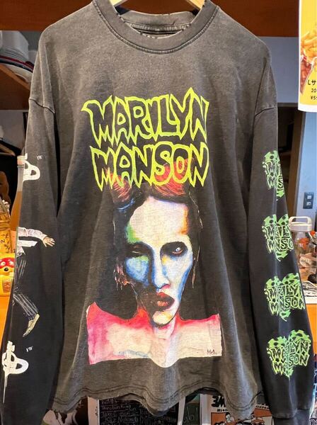 【海外限定 / ブートレグ】MARILYN MANSON ロングスリーブTシャツ ヴィンテージ フェード ダメージ オーバープリント fear of god