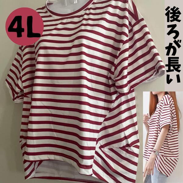 レディース夏 チュニック オーバーサイズ 4L ボーダー 半袖 大きいサイズ 送料無料 赤 白 tシャツ