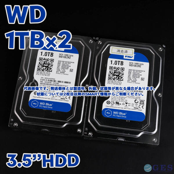 【WD1T-A5/A6(m)】Western Digital WD Blue 3.5インチHDD 1TB WD10EZRZ【2台セット(計2TB)/動作中古品/送料込み/Yahoo!フリマ購入可】