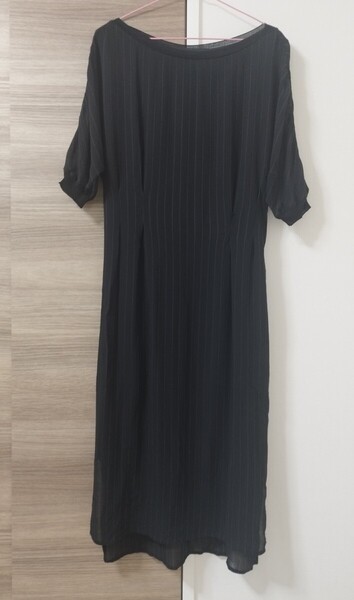 黒縞柄 半袖 シフォンワンピース ロング丈S