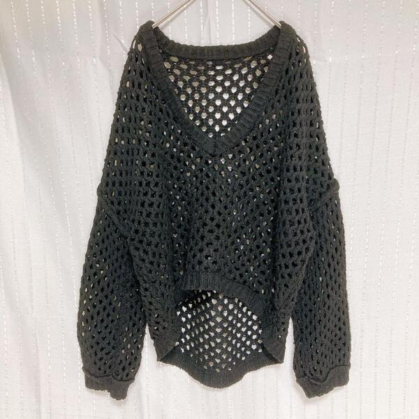 ◆美品 【GRL】 透かし編みニット 長袖 トップス (F) 黒