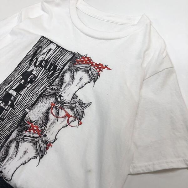 アニマル柄 馬 半袖Tシャツ ホワイト レディースL相当