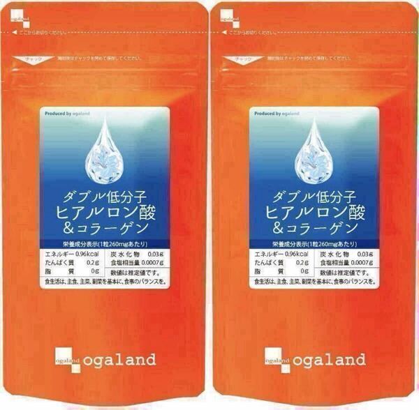 ★送料無料★W低分子ヒアルロン酸&コラーゲン 約6ヶ月分(3ヶ月分180カプセル入×2袋)オーガランド サプリメント エイジングケア