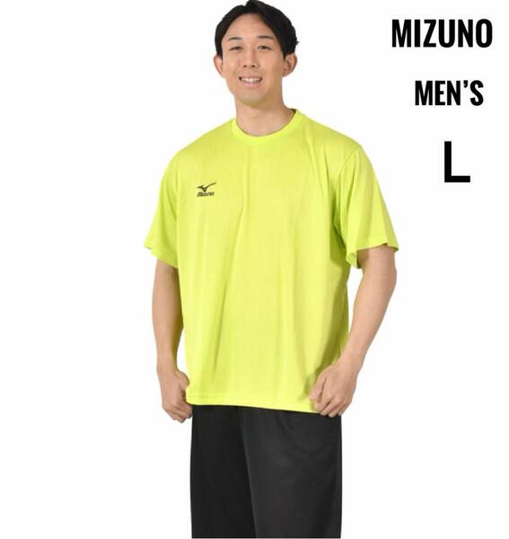 MIZUNO ミズノ メンズ 刺繍ロゴ 吸汗速乾 半袖Tシャツ 蛍光色 L グリーン系