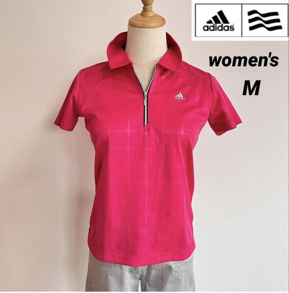 adidas golf アディダス ゴルフ レディース ハーフジップ 半袖ポロシャツ ロゴ入り M ピンク系