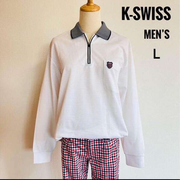 K-SWISS ケースイス メンズ ハーフジップ 長袖Tシャツ 刺繍ロゴ ホワイト L