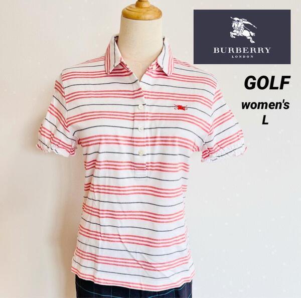 Burberry GOLF バーバリーゴルフ 日本製 レディース 半袖ポロシャツ ボーダー パフスリーブ 刺繍ロゴ L