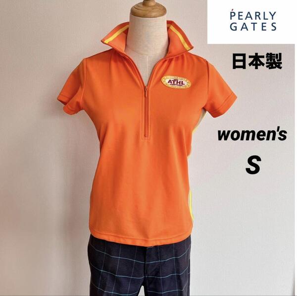 PEARLY GATES パーリーゲイツ 日本製 レディース ハーフジップ 半袖ポロシャツ 吸汗速乾 S オレンジ