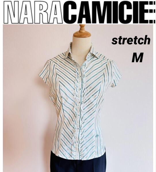 NARACAMICIE ナラカミーチェ ストライプ フリル フレンチスリーブ 刺繍ロゴ 半袖シャツ M ブルー系