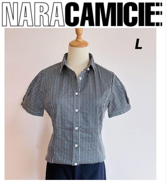 NARACAMICIE ナラカミーチェ ペンシルストライプ ラメ 半袖シャツ パールボタン ストレッチ効き L 黒