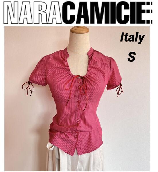 NARACAMICIE ナラカミーチェ イタリア製 細ストライプ パフスリーブ 半袖シャツ S レッド