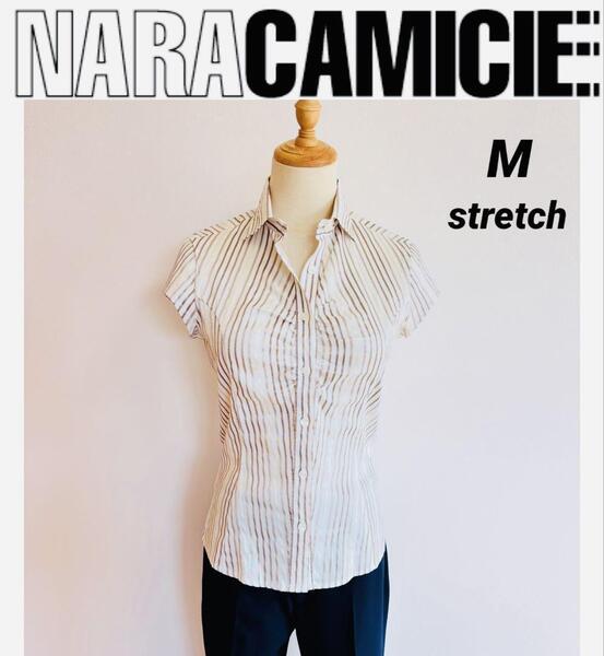 NARACAMICIE ナラカミーチェ サテンストライプ ギャザー ストレッチ 半袖シャツ M