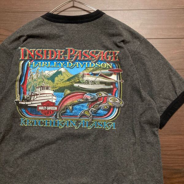 USA製 90s HARLEY-DAVIDSON リンガーTシャツ ハーレー 半袖 L