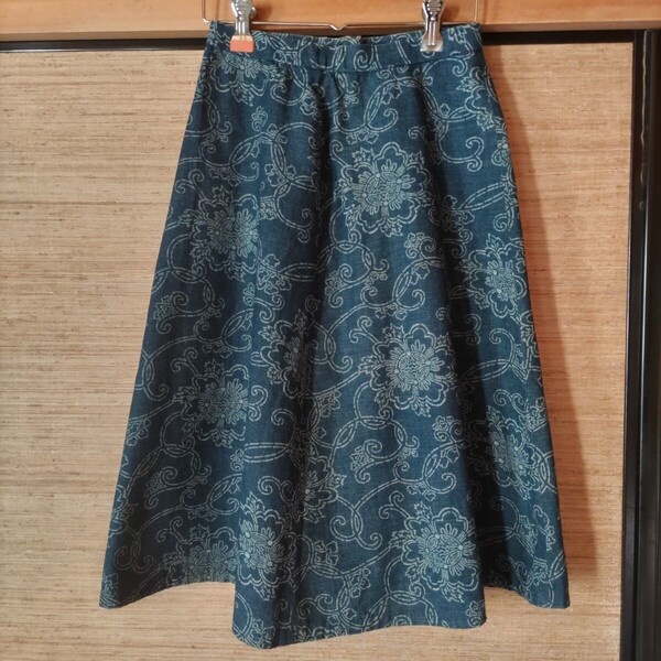 藍染め古布 スカート ハンドメイド 藍染め/総柄 コットン 裏地なし 膝下丈 レディース サイズ XS程度 ユーズド品