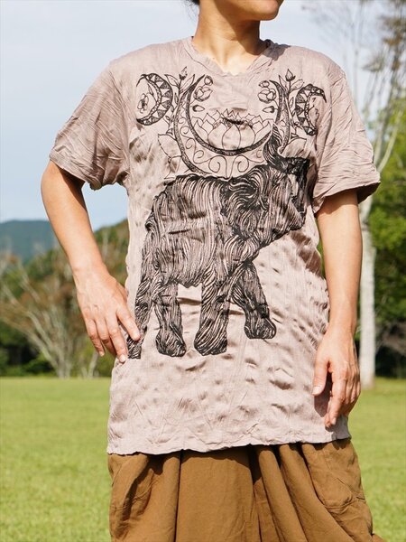 ★エスニック プリント Tシャツ ロータス & 象さん Mサイズ 送料込★新品B★アジアン やわらか コットン素材 ユニセックス