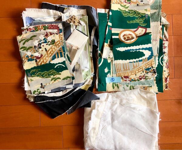 アンティーク男物正絹着物&裏地解体洗濯済みまとめ売り3点セット♪男性用緑黒子供柄白裏地着物リメイク生地として