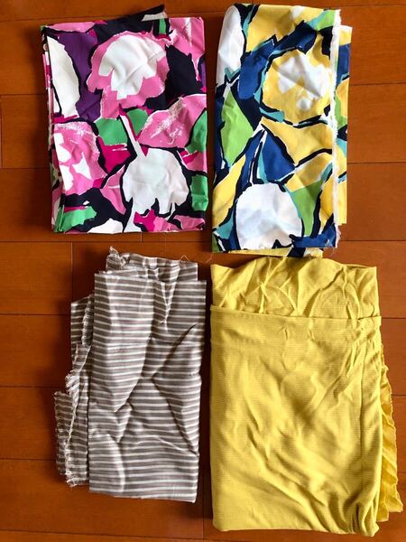 新品布地まとめて4点セットシフォン綿ストレッチ素材はぎれ生地♪ブラウン白黄色ピンク青緑花柄手芸ハンドメイド