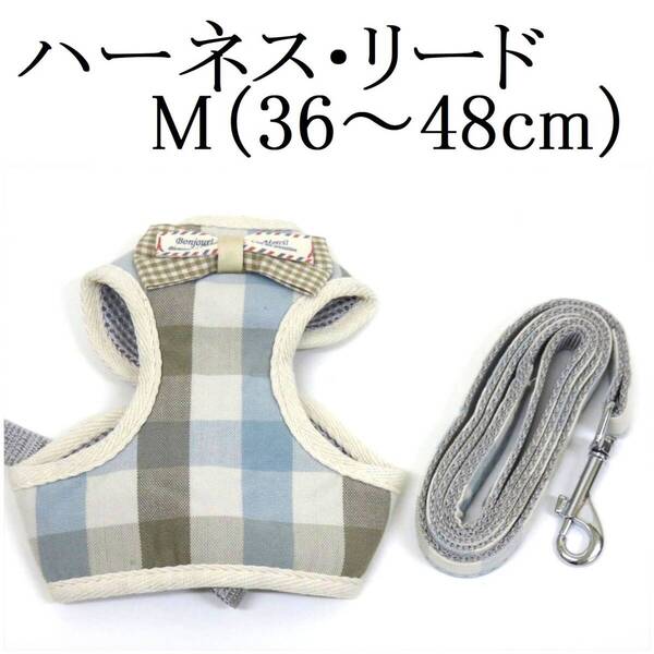 リード ハーネス セット M 小型犬 猫 犬 青 ブルー 胴回り約36~48cm前後 リード110cm 胴輪 蝶ネクタイ リボン チェック 散歩 ペット用品