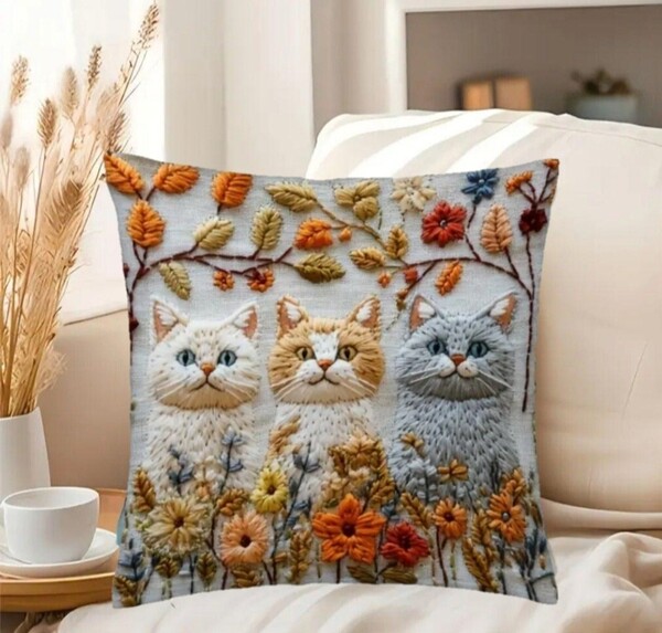 クッションカバー 猫W 白猫 茶白猫 刺繍風 45cm 猫の雑貨 HANAKO