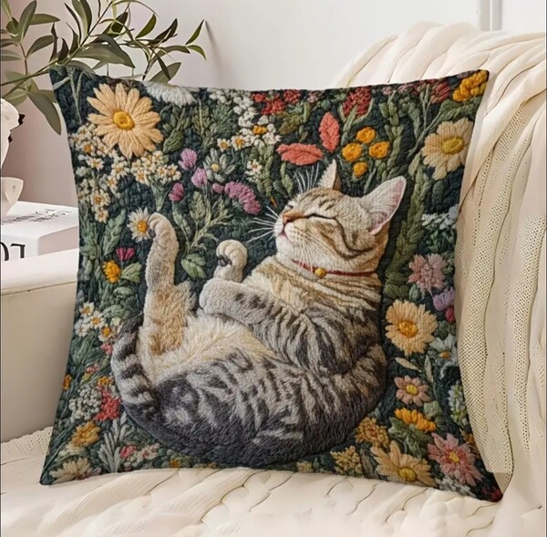 クッションカバー 猫T キジ猫 刺繍風 45cm 猫の雑貨 HANAKO