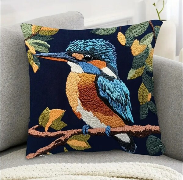 クッションカバー カワセミC 刺繍 45cm 鳥の雑貨 HANAKO