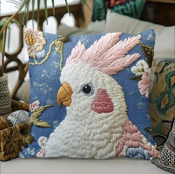 クッションカバー オカメインコL 刺繍風 45cm 鳥の雑貨 HANAKO
