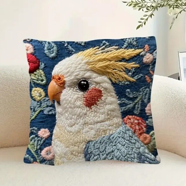 クッションカバー オカメインコE 刺繍風 45cm 鳥の雑貨 HANAKO