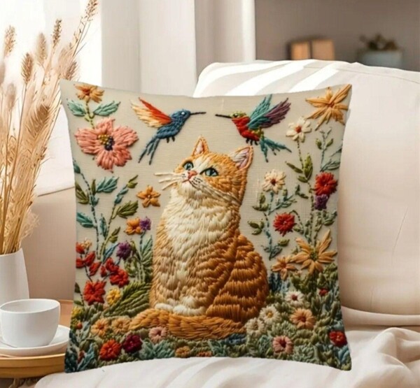 クッションカバー 猫X 茶白猫 刺繍風 45cm 猫の雑貨 HANAKO