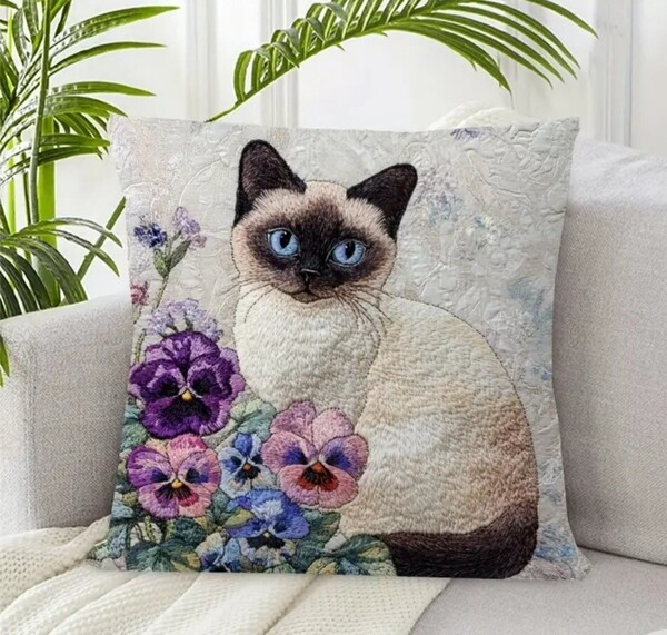 クッションカバー シャム猫D 刺繍風 45cm 猫の雑貨 HANAKO