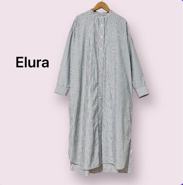 Elura エルーラ ストライプ シャツ ワンピース ノーカラー Lサイズ