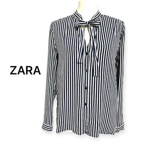 zara ザラ ストライプ 長袖 ブラウス シャツ リボン ネイビー Mサイズ