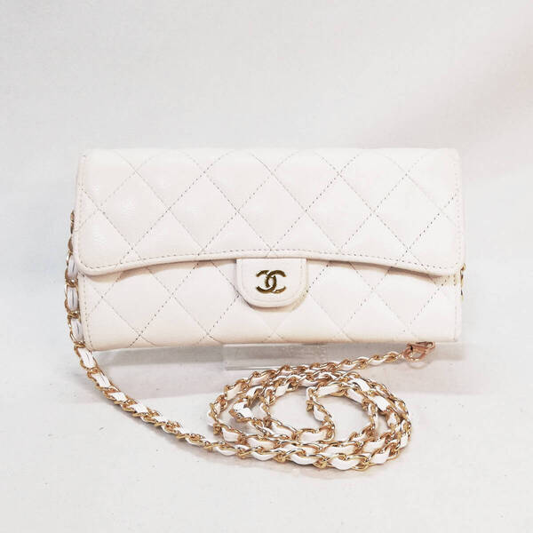 【美品級】CHANEL(シャネル) 長財布 マトラッセ キャビアスキン 白 ショルダーウォレット ゴールド金具 可愛い【送料無料】794
