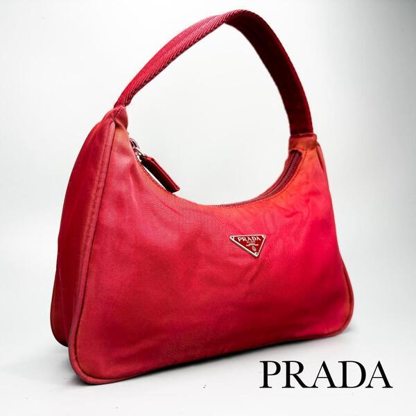 美品・希少モデル PRADA プラダ アクセサリーポーチ ハンドバッグ 三角プレート ワンショルダー 白タグ レッド ナイロン