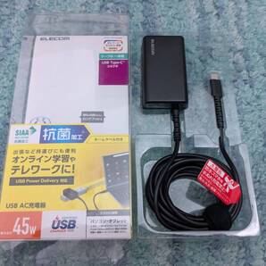 ◎0705u1040 エレコム 45w USB-C ACアダプター USB Power Delivery認証 ケーブル一体型 抗菌 2m ブラック ACDC-PD1945BK