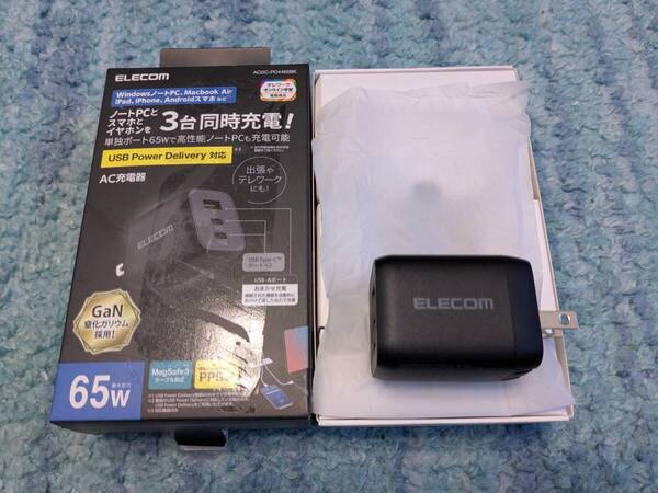 ◎0705u1238 エレコム(ELECOM) 充電器 Type-C 3ポート USB-C×2 USB-A×1 65W PD対応 折りたたみ式プラグ GaN採用 ブラック ACDC-PD4465BK