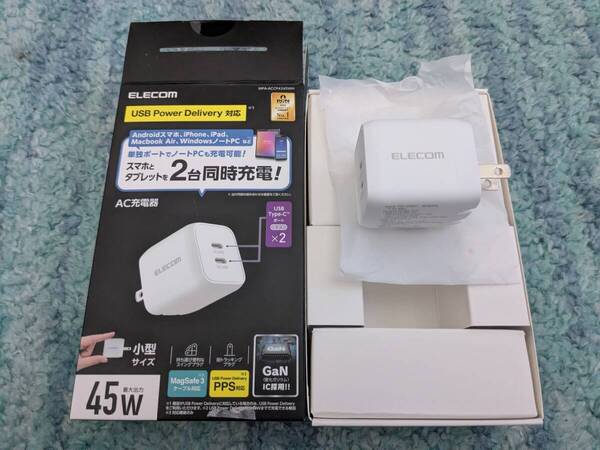 ◎0705u1542 エレコム 充電器 Type-C 2ポート 45W USB PD対応 PPS対応 Magsafe3対応 折りたたみ式プラグ ホワイト MPA-ACCP4245WH