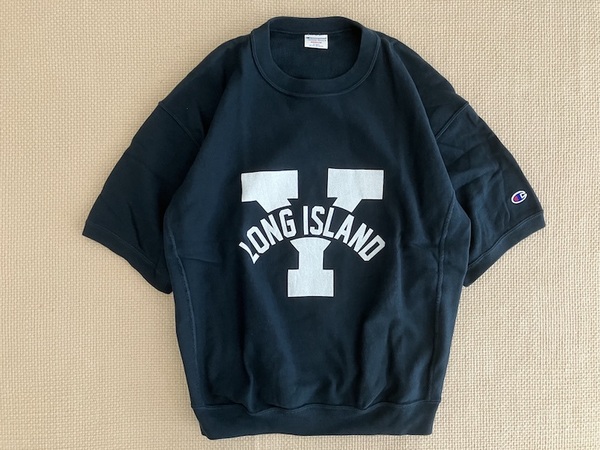 即決 別注品 Champion REVERSE WEAVE ビッグシルエット 半袖 スウェット ネイビー MサイズLOMG ISLAND ロングアイランド New York