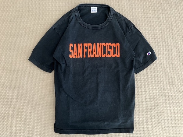 即決 USA製 Lサイズ SANFRANCISCO プリント Champion T1011 ヘビーウェイト Tシャツ 黒 オレンジ サンフランシスコ