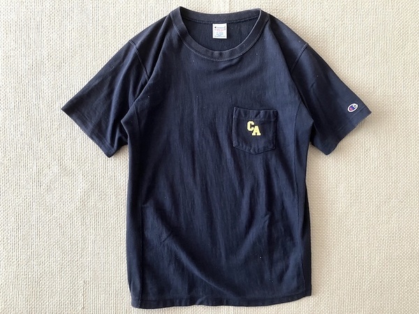 即決 別注品 XLサイズ Champion REVERSE WEAVE ヘビーウェイト Tシャツ CA 胸ポケット CALIFORNIA ネイビー イエロー カリフォルニア
