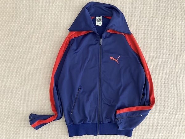 即決 70s 80s vintage 西ドイツ製 PUMA プーマ ライダース 片ポケット ジャージ 6 ネイビー赤 デカエリ 胸 デカ刺繍ロゴ ヴィンテージ