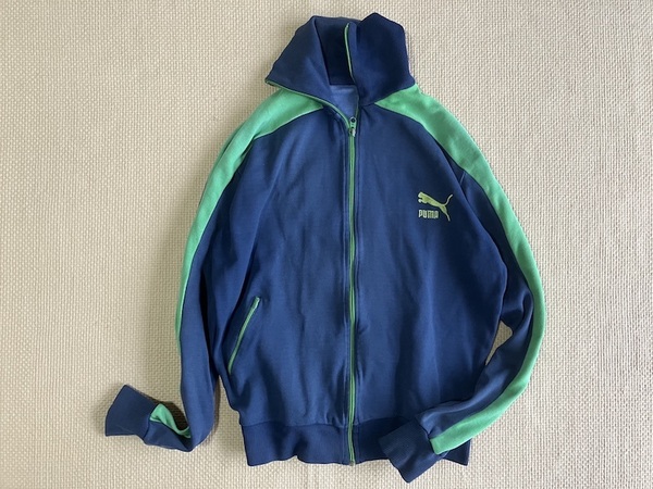 即決 レアカラー 80s vintage PUMA プーマ 片ポケット ジャージ ネイビー グリーン 胸 デカ刺繍ロゴ ヴィンテージ 西ドイツ ユーロ