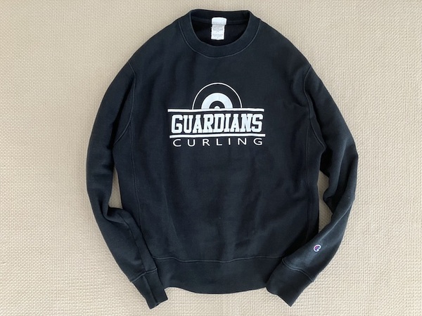 即決 USA企画品 12oz Mサイズ (日本XL) Champion REVERSE WEAVE クルーネック スウェット 黒 GUARDIANS CURLING BELL
