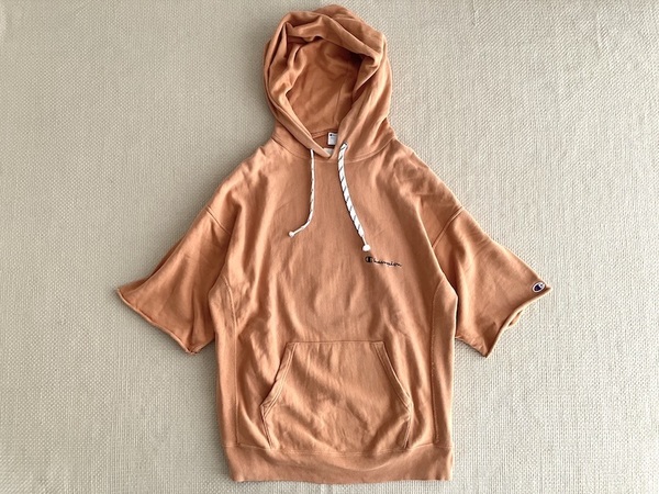 即決 Lサイズ モンキータイム 別注 Champion REVERSE WEAVE ワイドシルエット 半袖 スウェット パーカー 7分ソデぐらい オレンジ