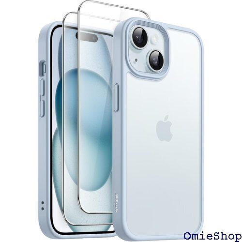 JETech 3 in 1 iPhone 15 6.1 ィルム付き 半透明 つや消し 耐衝撃スマホカバー ブルー 1946