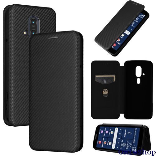 らくらくスマートフォン F-53E ケース 手帳型 炭 マグネット ストラップ付き 耐衝撃 全面保護-ブラック 2647