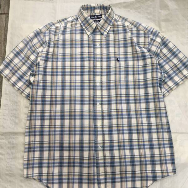 (送料込)ポロラルフローレン■メンズ Lサイズ マドラス 半袖シャツ ブルーグレーベージュ POLO RALPH LAUREN