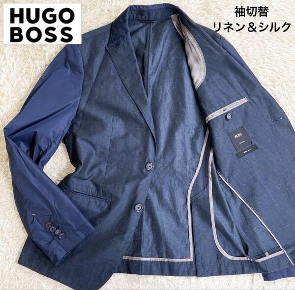 美品:M-L相当◆HUGO BOSS【袖:襟切替/シルク&リネン混/近年タグ◆テーラードジャケット】背抜き 本切迫 パイピング 春夏 ヒューゴボス