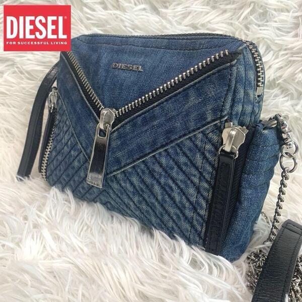 DIESEL【2way/デニム◆ショルダーバッグ/ポシェット】LE-ZIPPER V チェーン ロゴ 斜め掛け クロスボディ 斜めかけ レディース ディーゼル
