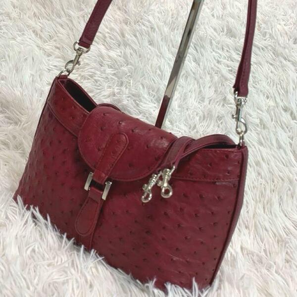 美品◆オーストリッチ【本革:ダチョウ レザー/希少カラー◆2way ハンドバッグ/ショルダー】自立 中スエード 肩掛け 赤:レッド シルバー