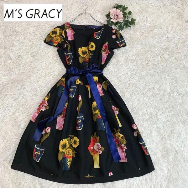 美品◆M'S GRACY【リアルフラワー/グログランリボン◆ロングワンピース】S相当 フレア Aライン 総柄 花 ひまわり 向日葵 エムズグレイシー